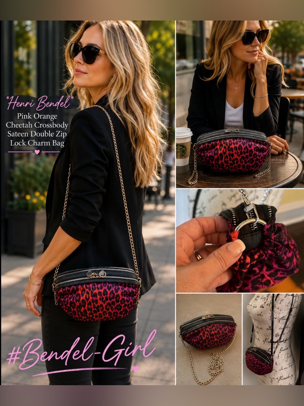 *Henri Bendel* Pink Orange Cheetah Crossbody Sateen Dpunle Zip Lock Charm Bag